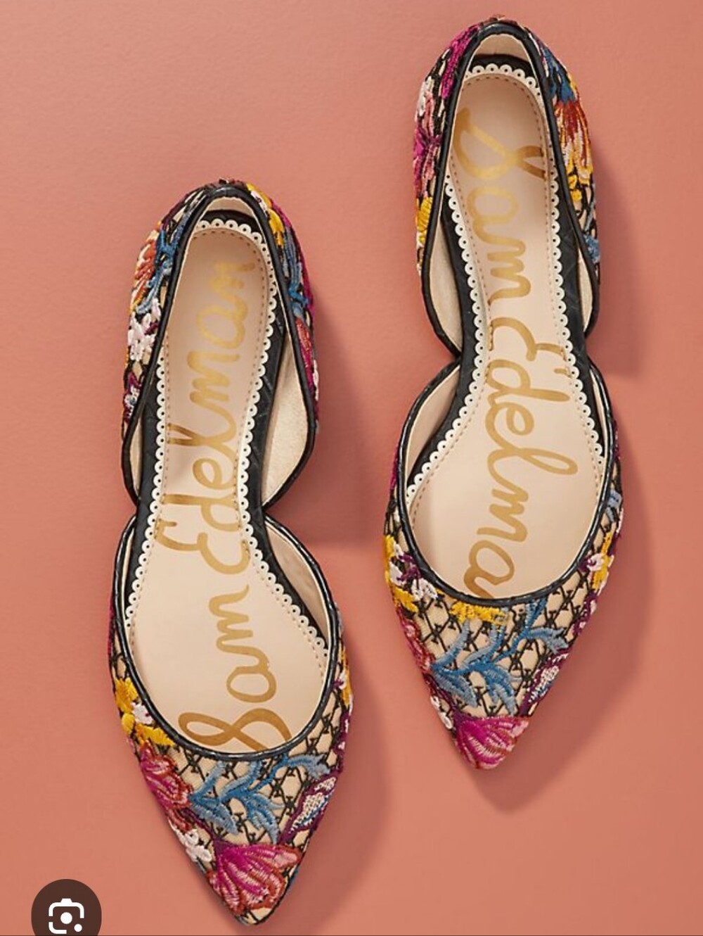 Sam Edelman Floral Embroidered Pointed D'Orsay Flats in Pink, Blue & Yellow